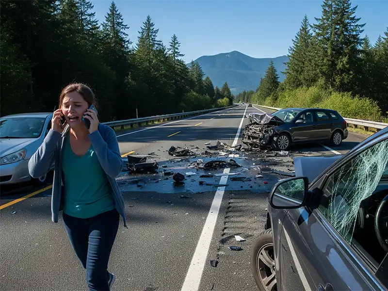 A driver calling 911 after a collision on a Washington road