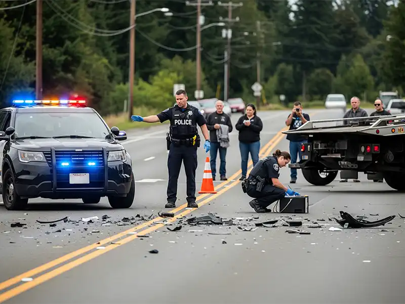 Police vehicle at the crash scene enforcing Washington hit-and-run laws