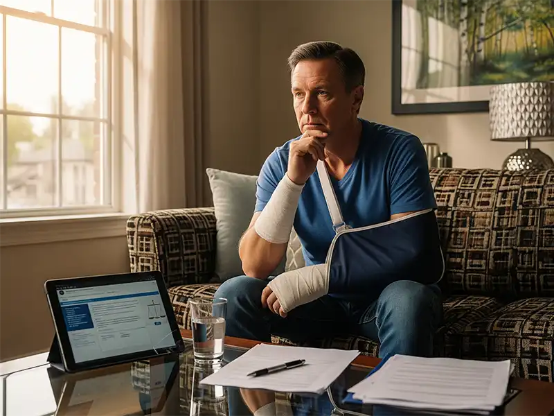 An injured person at home weighing the decision to hire a lawyer with Morgan Hill P.C. after an accident