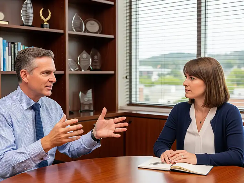 Personal injury attorney in Tacoma, WA, discussing legal options with a client in an office setting